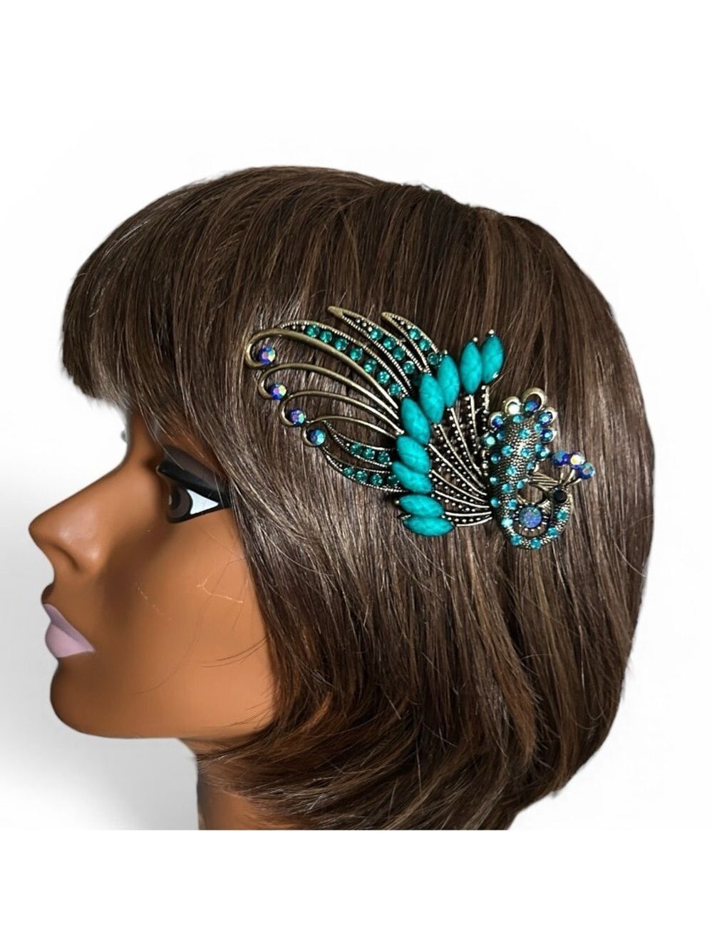 Antique Brass Finish Teal Blue Peacock Rhinestone Sparkle Hinged Hair Clip